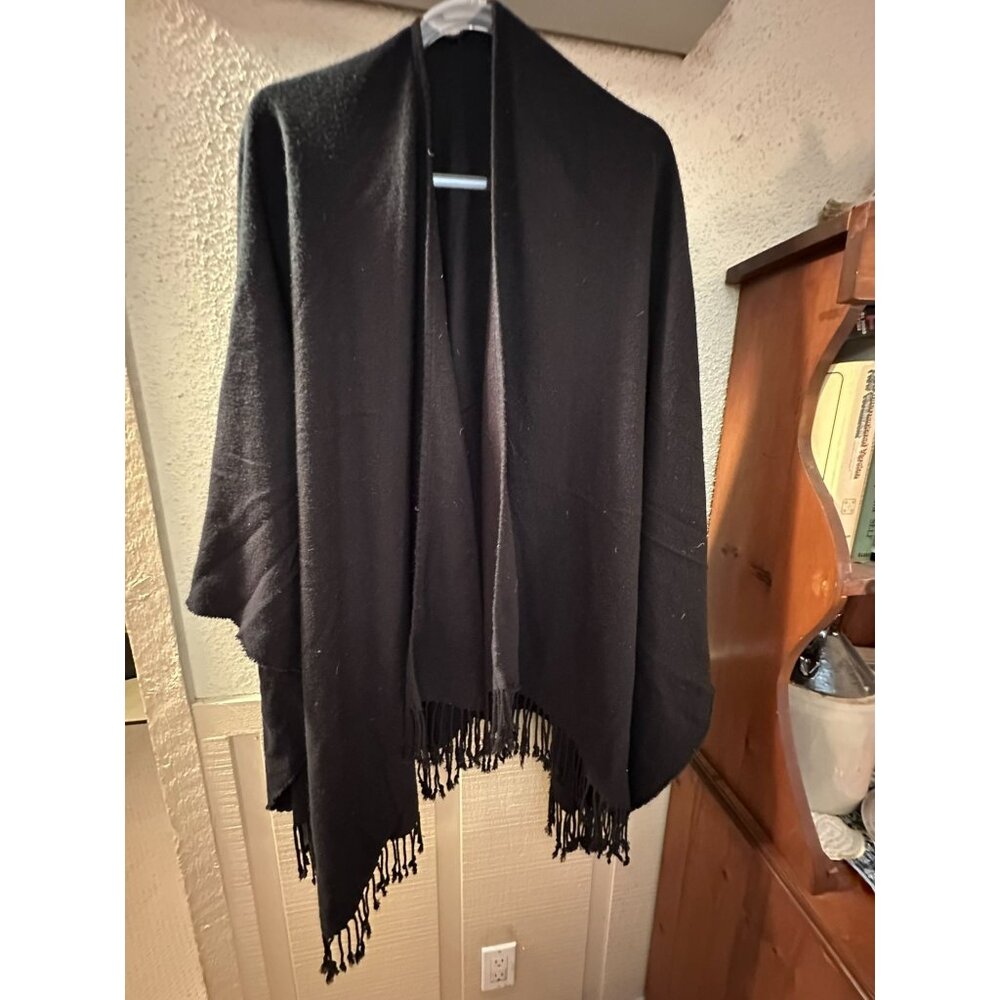 Black Fringed Open Front Poncho Wrap Shawl